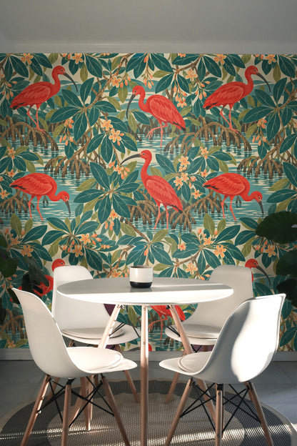 Elegant interior corner with wallpaper backdrop featuring crimson ibis and flowering mangrove branches.