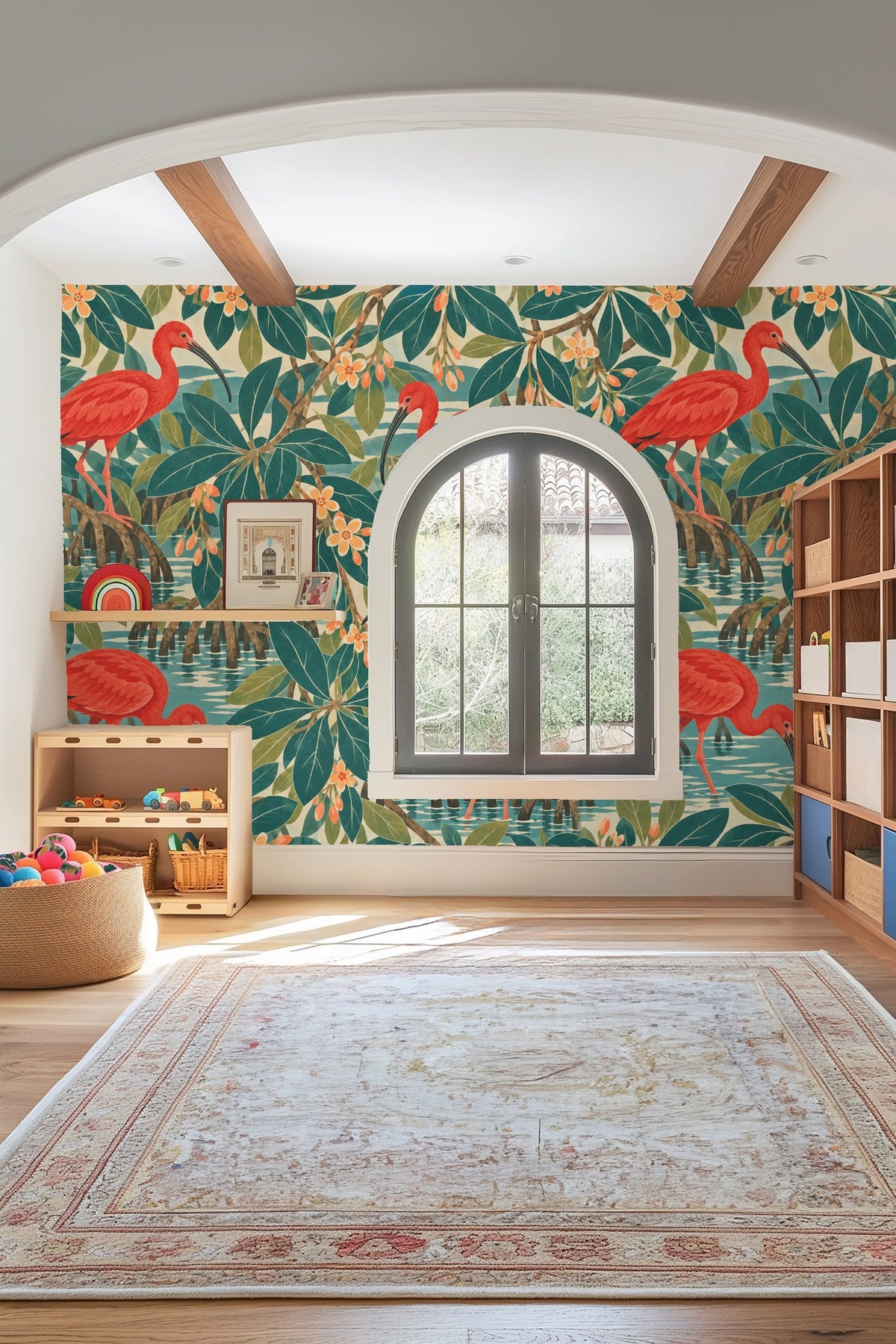 Detail of tropical mangrove branches rising from water illustrated in wallpaper with vibrant leaves and flowers.