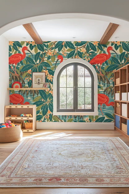 Detail of tropical mangrove branches rising from water illustrated in wallpaper with vibrant leaves and flowers.
