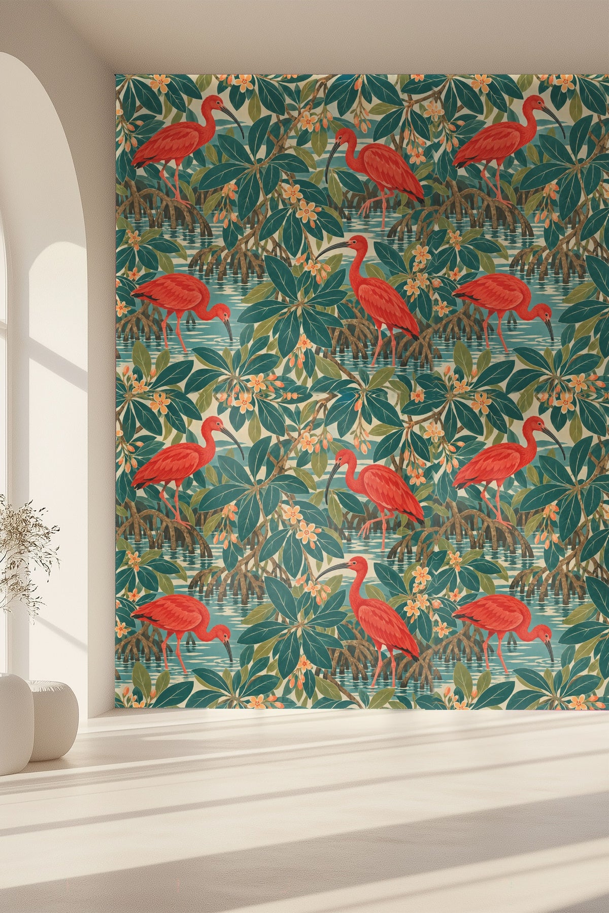 Arrangement of tropical leaves and slender ibis legs partially submerged in blue water from wallpaper.