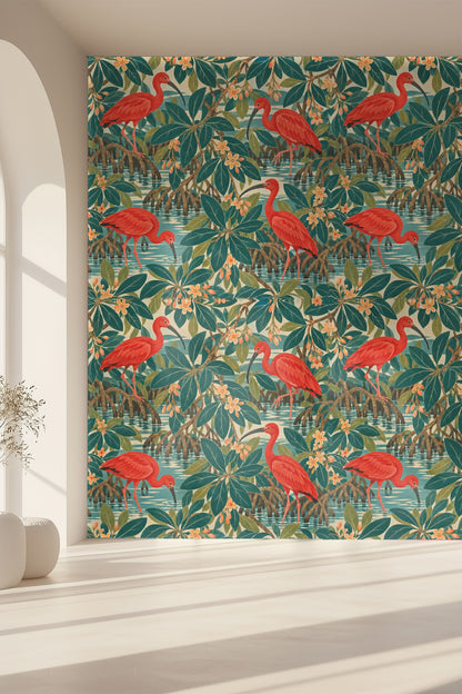 Arrangement of tropical leaves and slender ibis legs partially submerged in blue water from wallpaper.