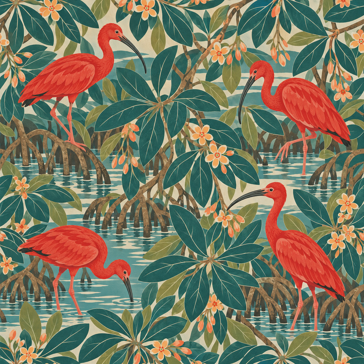 Full pattern repeat of mangrove habitat with scarlet ibis, green leaves, and apricot flowers on neutral background.