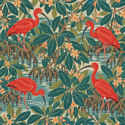 Full pattern repeat of mangrove habitat with scarlet ibis, green leaves, and apricot flowers on neutral background.