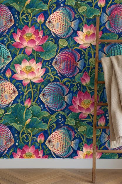 Abstract pattern of colorful discus fish and lotus flowers on wallpaper