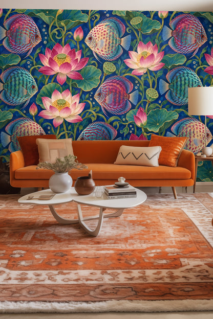 Close-up of vivid discus fish and lotus flowers in deep blues and pinks wallpaper