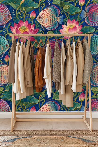Hand-painted style pattern showing repeating discus fish in blue and pink shades