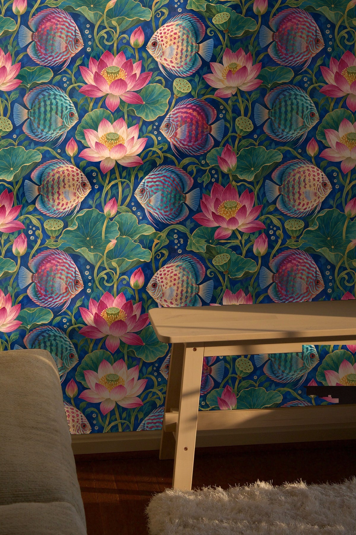 Visually rich wallpaper design with natural elements and artistic fish patterns