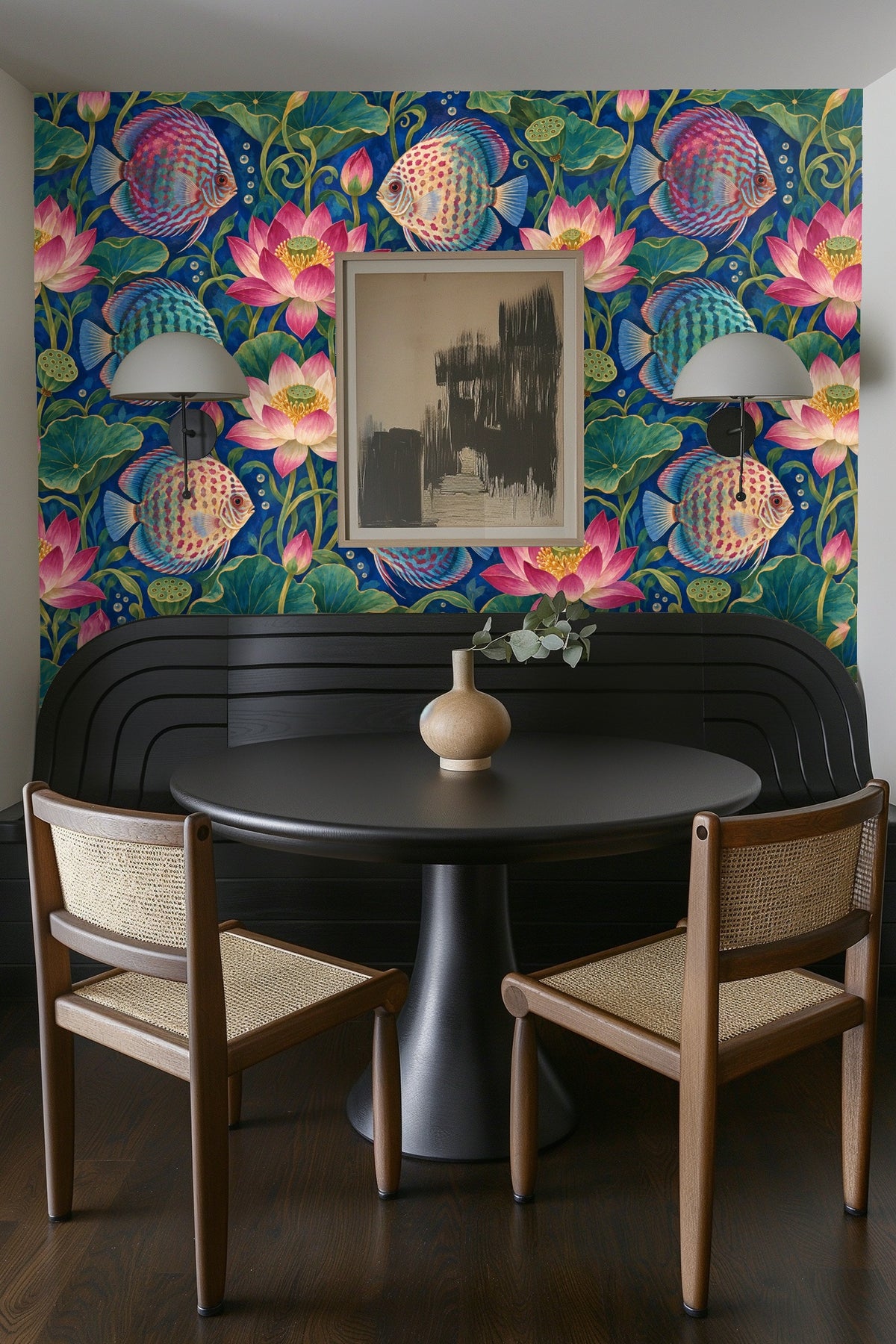 Wall with bold aquatic-themed wallpaper complementing a cozy interior setup