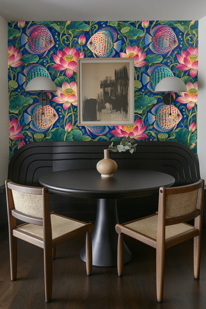Wall with bold aquatic-themed wallpaper complementing a cozy interior setup