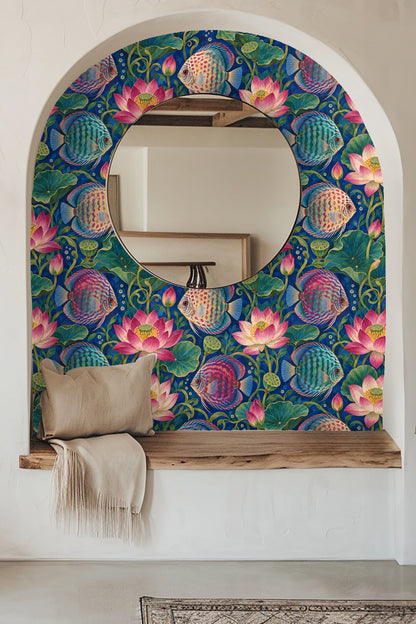 Pattern featuring symmetrical lotus plants and colorful fish in an aquatic environment