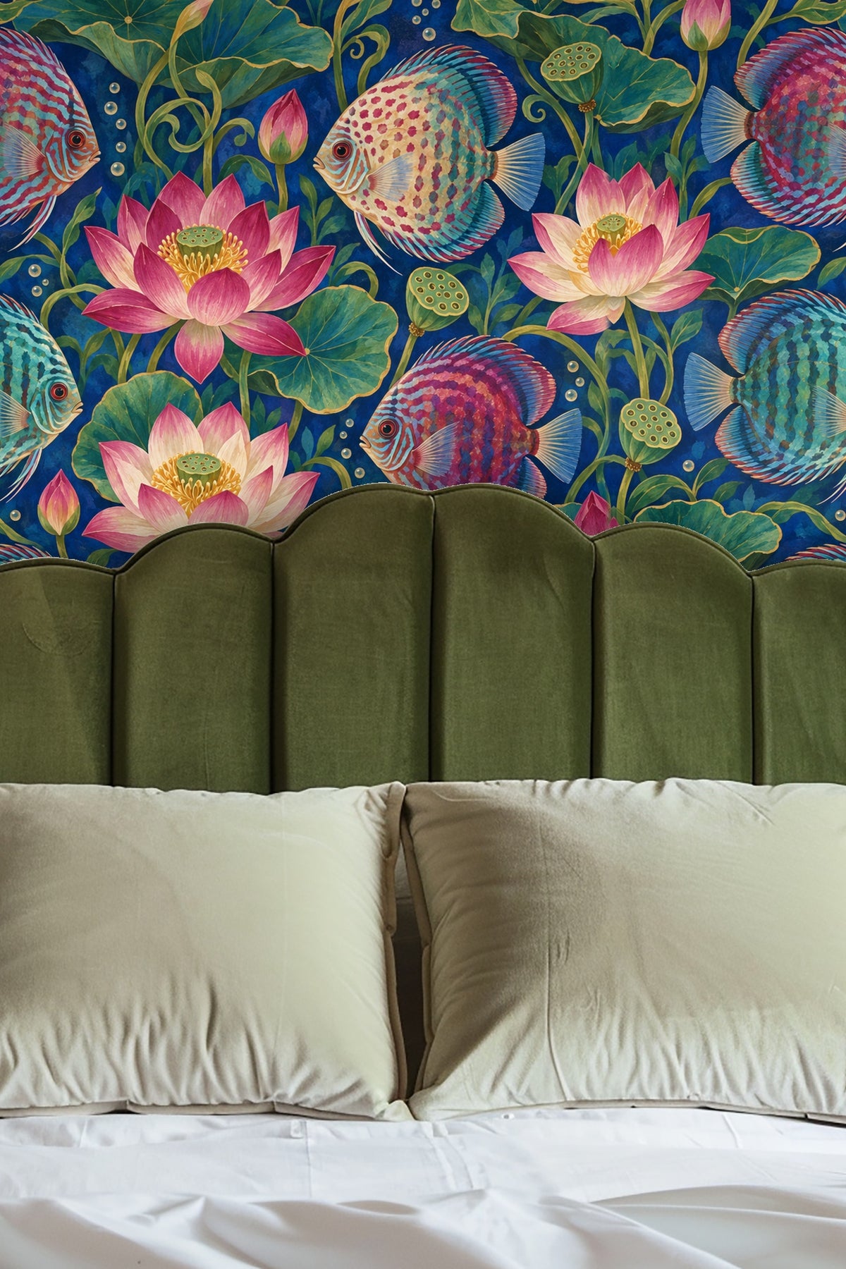 Bright and artistic Lotus Orbit wallpaper behind beige sofa with wooden coffee table