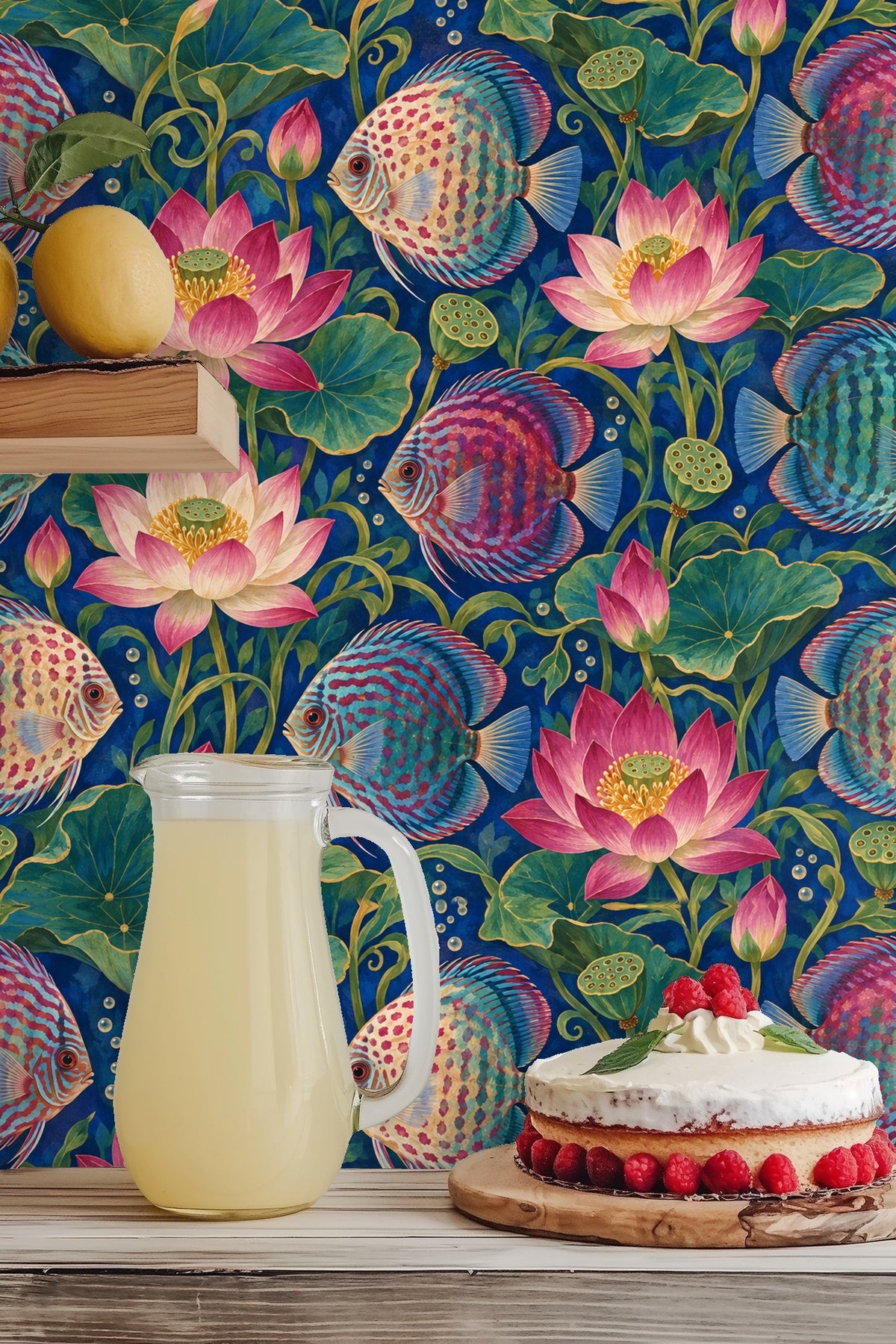 Artwork showcasing swirling lotus stems with seed pods among vibrant fish