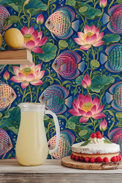 Artwork showcasing swirling lotus stems with seed pods among vibrant fish