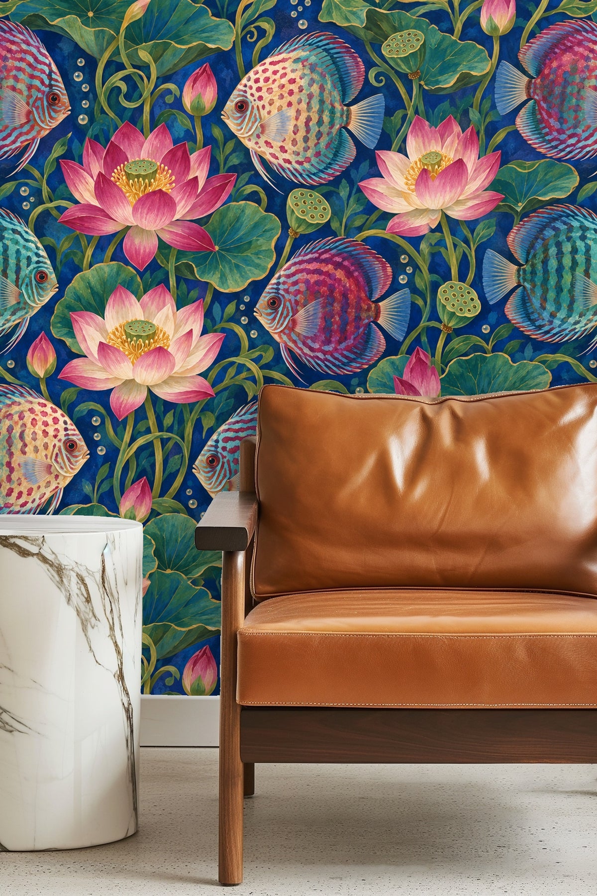 Decorative wallpaper mural highlighting botanical and underwater motifs