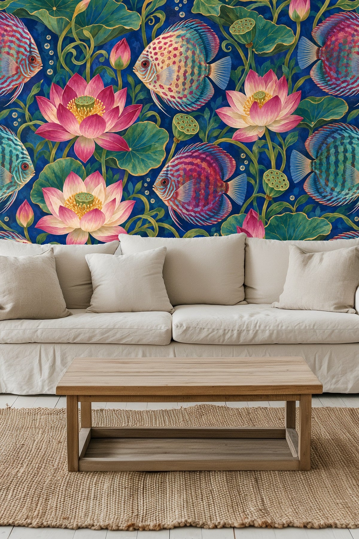 Living room featuring orange sofa with Lotus Orbit wallpaper mural in vibrant aquatic colors