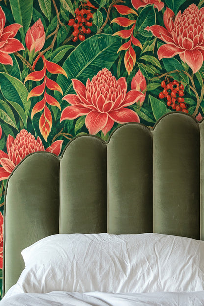 Wall mural in living room showing interplay of tropical flowers and leaves