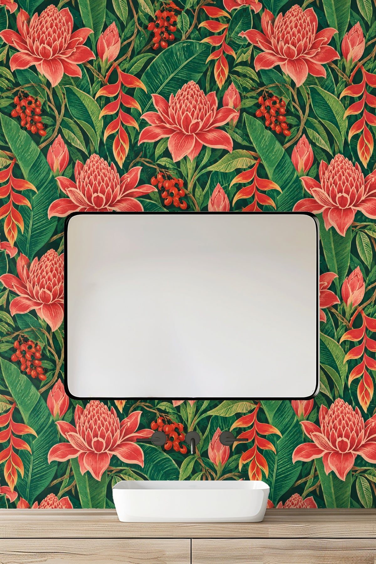 Large blooming ginger flowers with intricate line work in a tropical jungle pattern