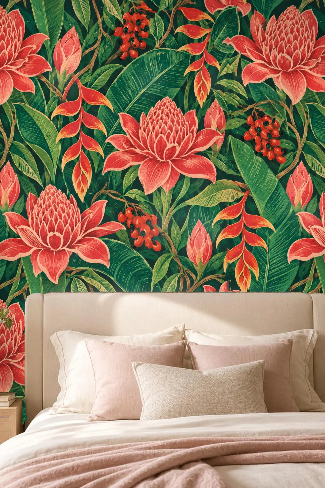 Close-up of vibrant coral-red ginger flowers with layered petals on dense green foliage background
