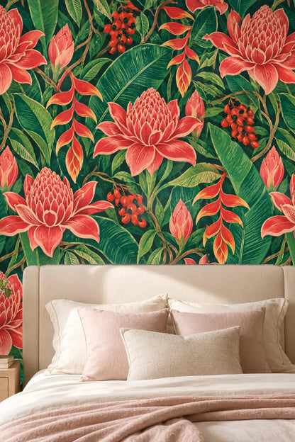 Close-up of vibrant coral-red ginger flowers with layered petals on dense green foliage background