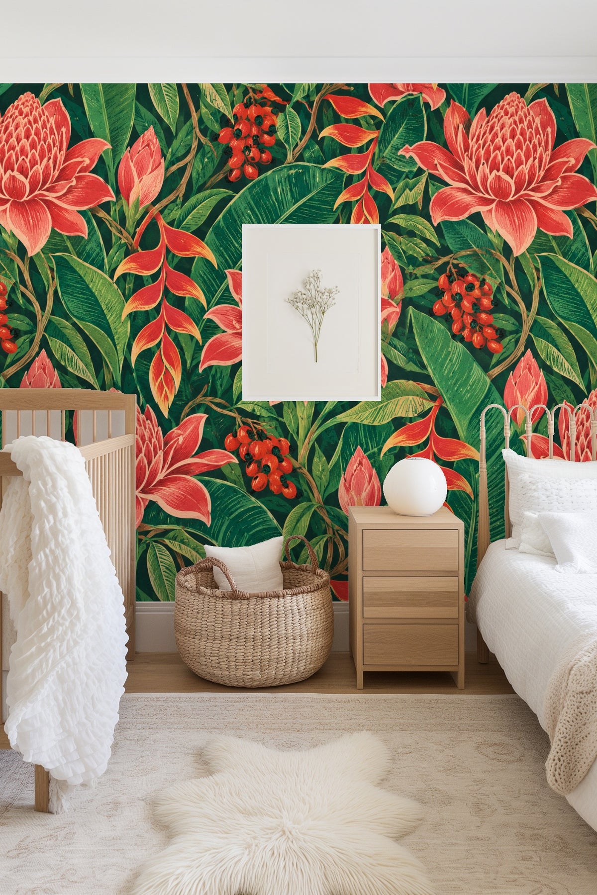 Living room wall adorned with the vibrant ginger flower wallpaper, highlighting green leaves and red berries around a white sofa