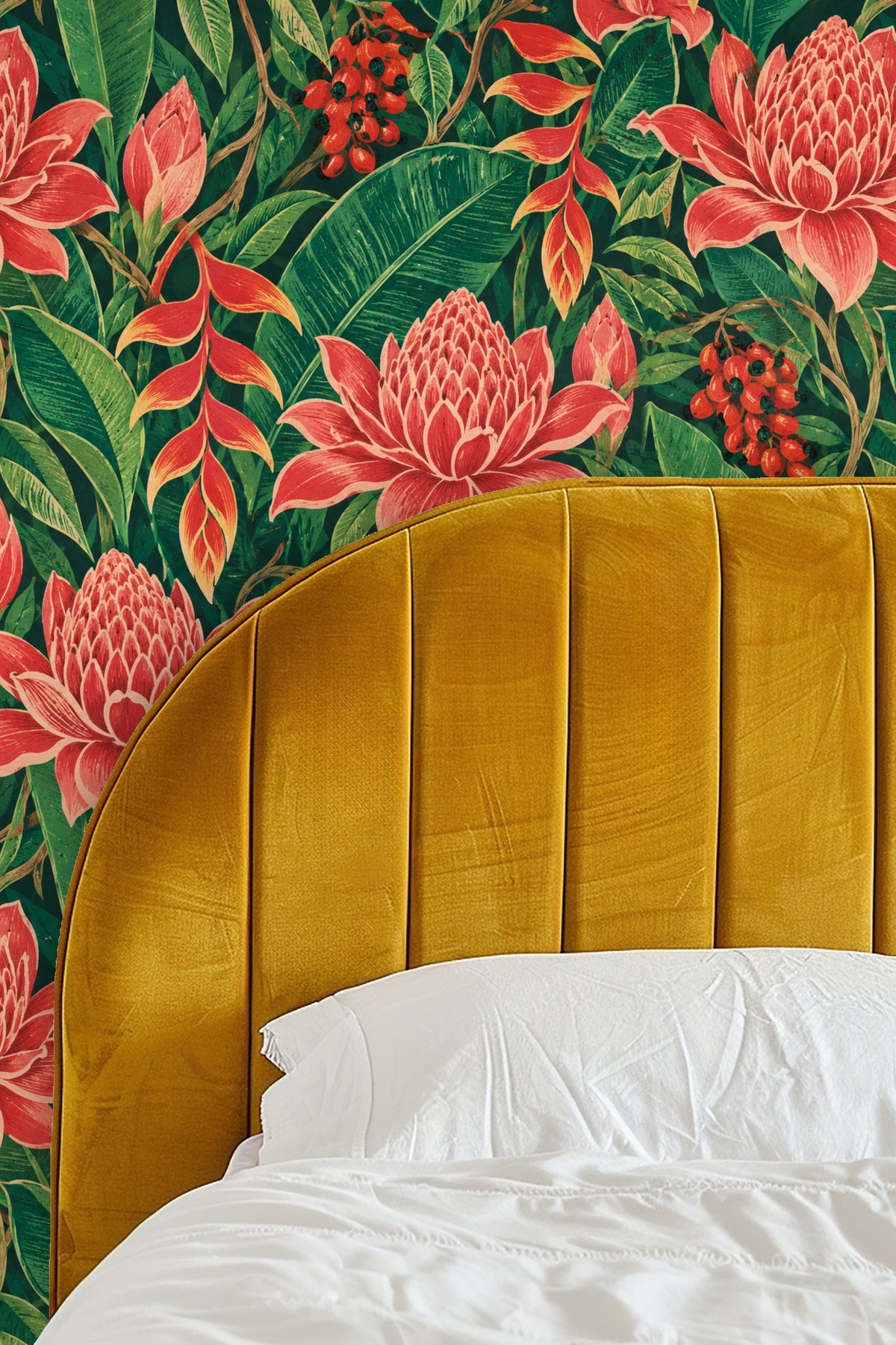 Large-scale flower motifs creating an immersive tropical atmosphere