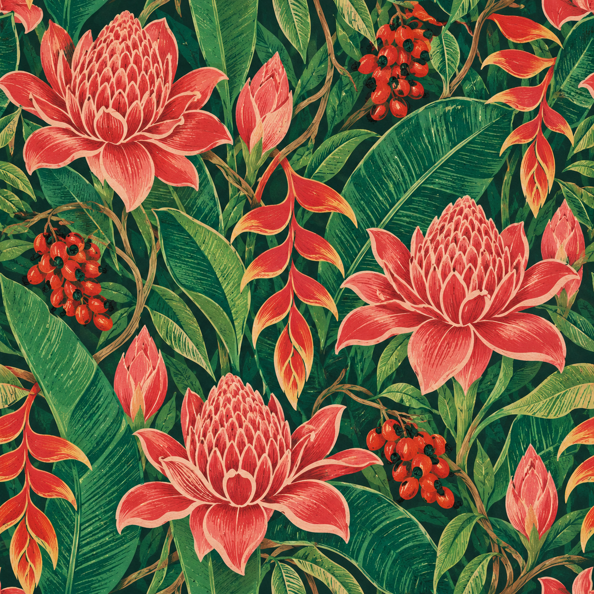 Illustrated tropical wallpaper with harmonious coral and green color palette