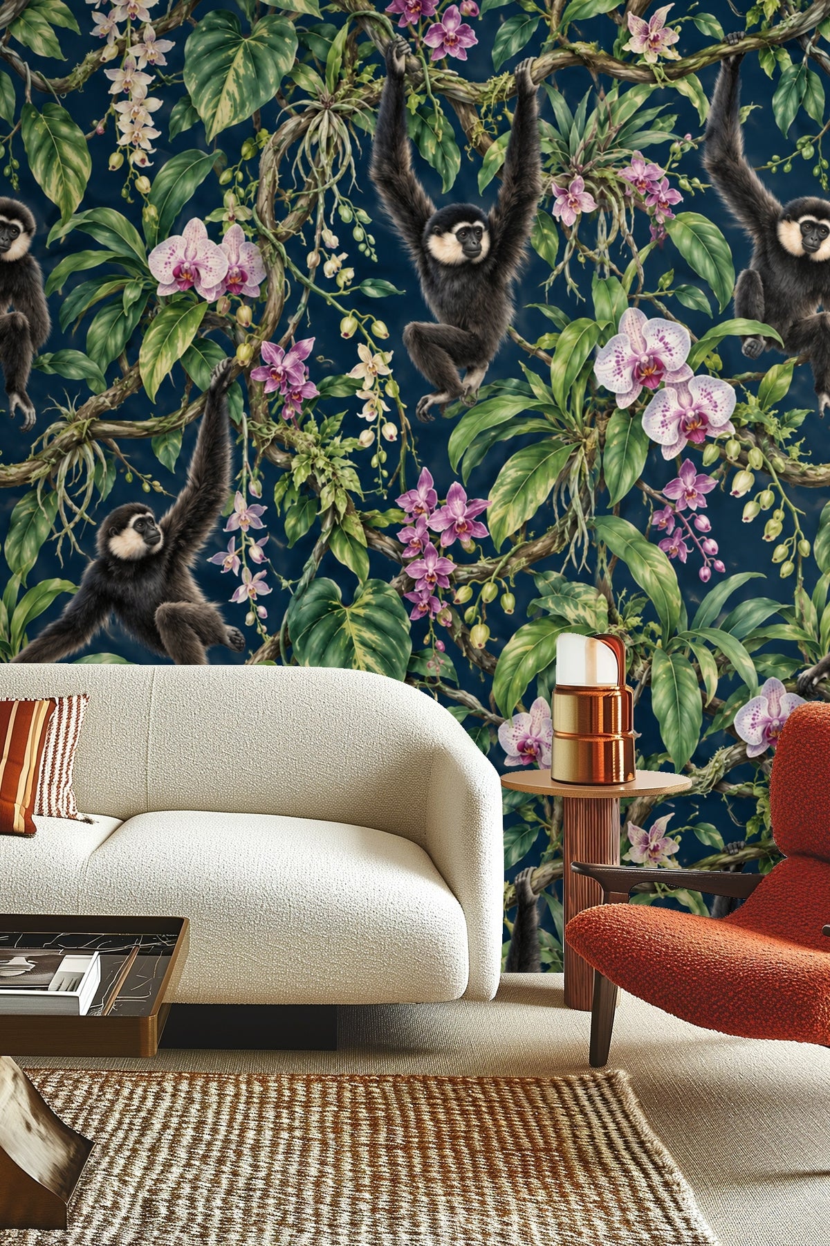 Wallpaper pattern showing detailed gibbons swinging among orchid blossoms and green leaves against navy blue background
