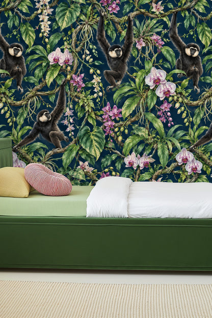 Living room featuring navy orchid gibbons wallpaper mural with white sofa and modern decor