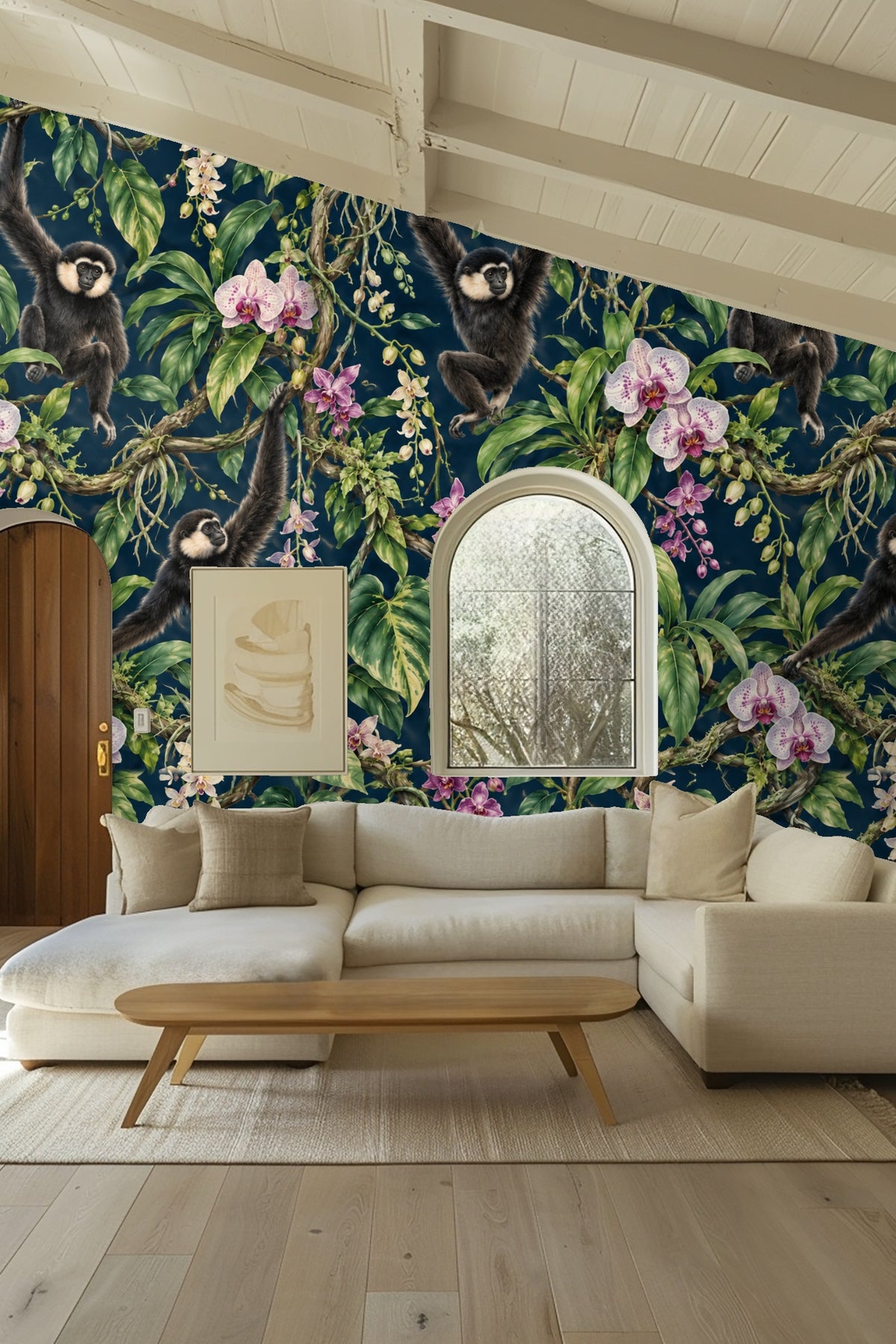 Lush tropical vines twisting throughout wallpaper composition