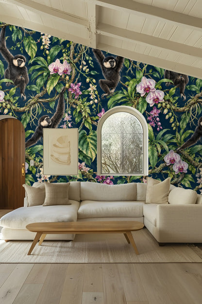 Lush tropical vines twisting throughout wallpaper composition