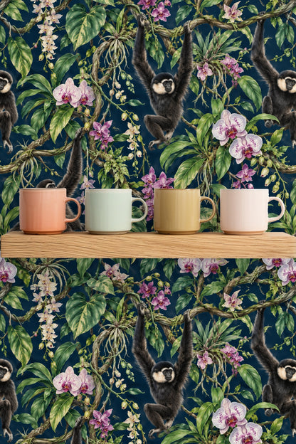 Detailed green tropical leaves with variegation featured prominently on wallpaper