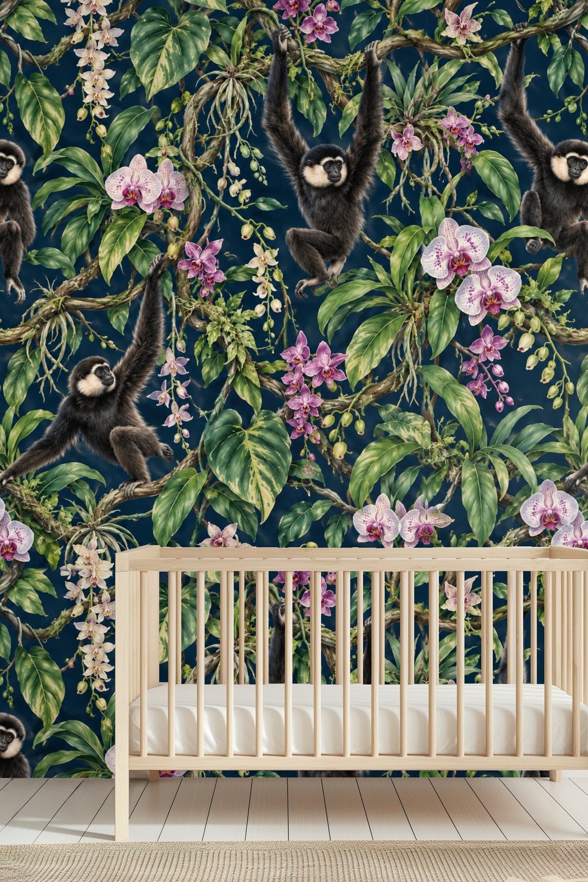 Close-up detail of an orchid flower on the wallpaper showing intricate pink and white petals
