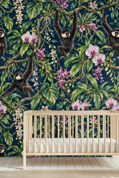 Close-up detail of an orchid flower on the wallpaper showing intricate pink and white petals