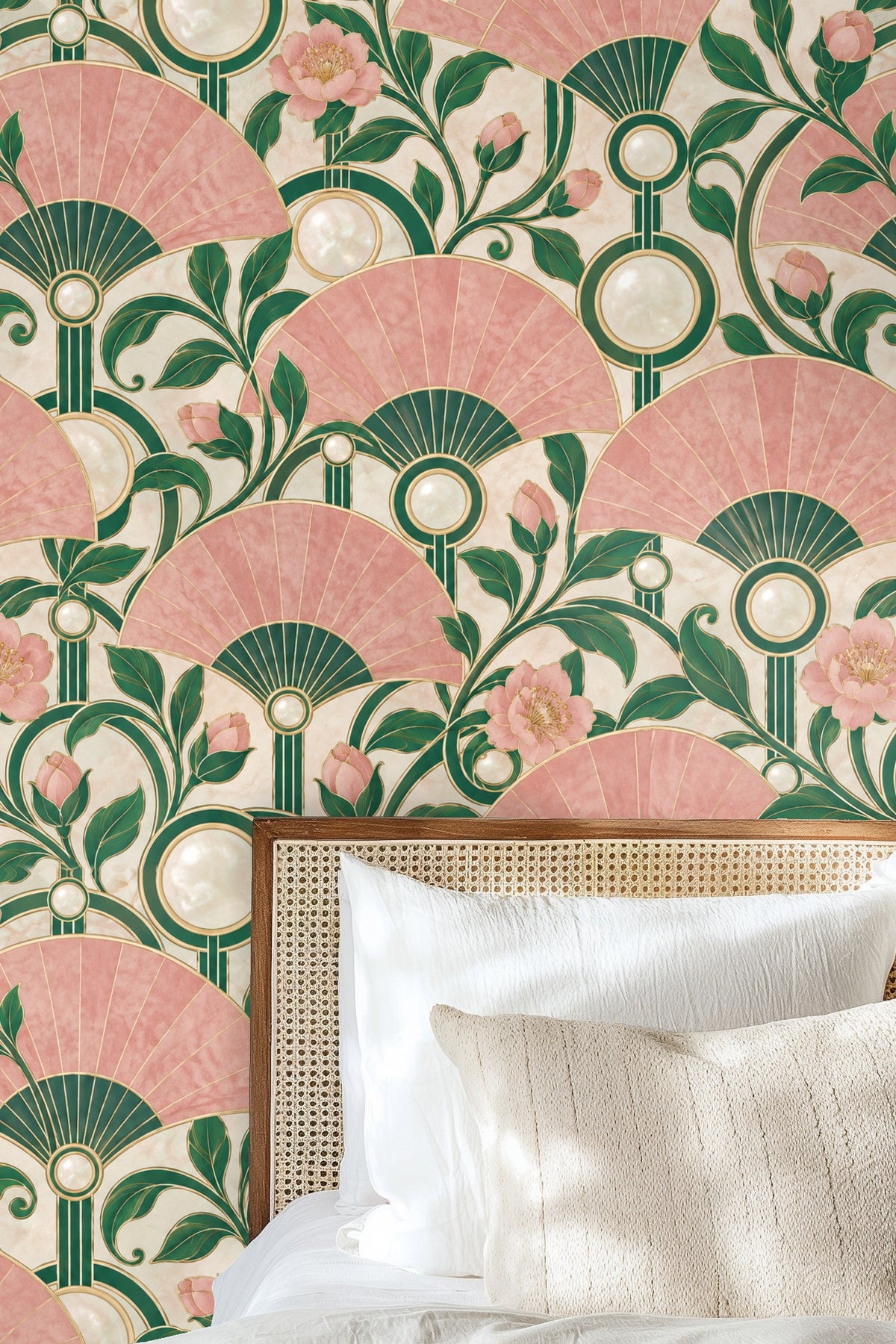 Living room with Rose Quartz Fans wallpaper on feature wall behind cream sectional sofa and minimalist art pieces