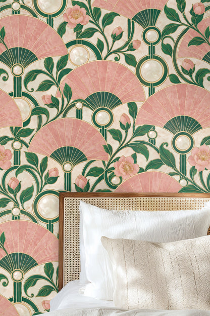 Living room with Rose Quartz Fans wallpaper on feature wall behind cream sectional sofa and minimalist art pieces
