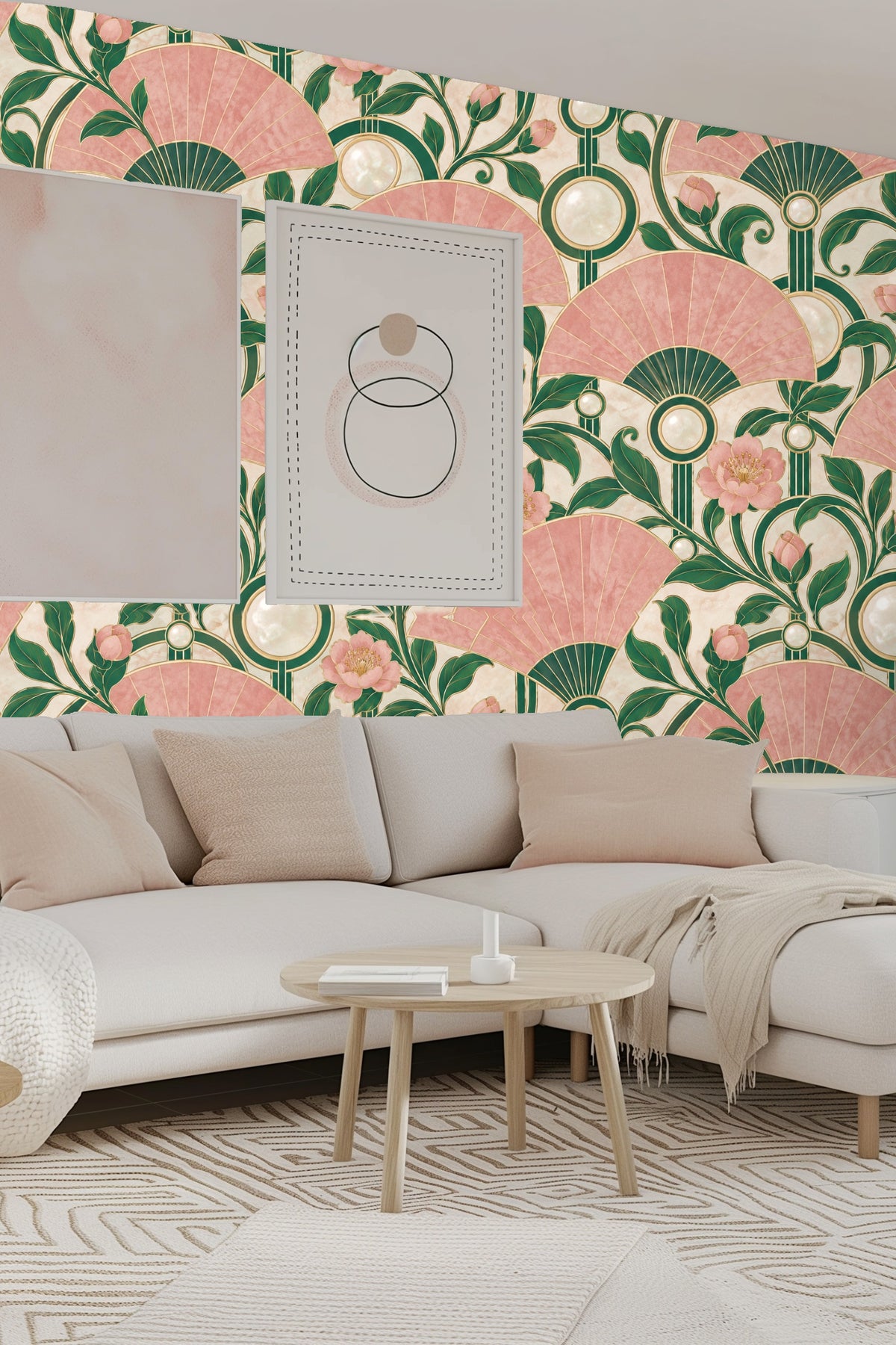 Bedroom interior featuring Rose Quartz Fans wallpaper behind curved pink upholstered headboard and coordinating blush pillows