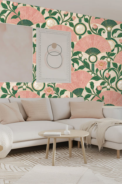 Bedroom interior featuring Rose Quartz Fans wallpaper behind curved pink upholstered headboard and coordinating blush pillows