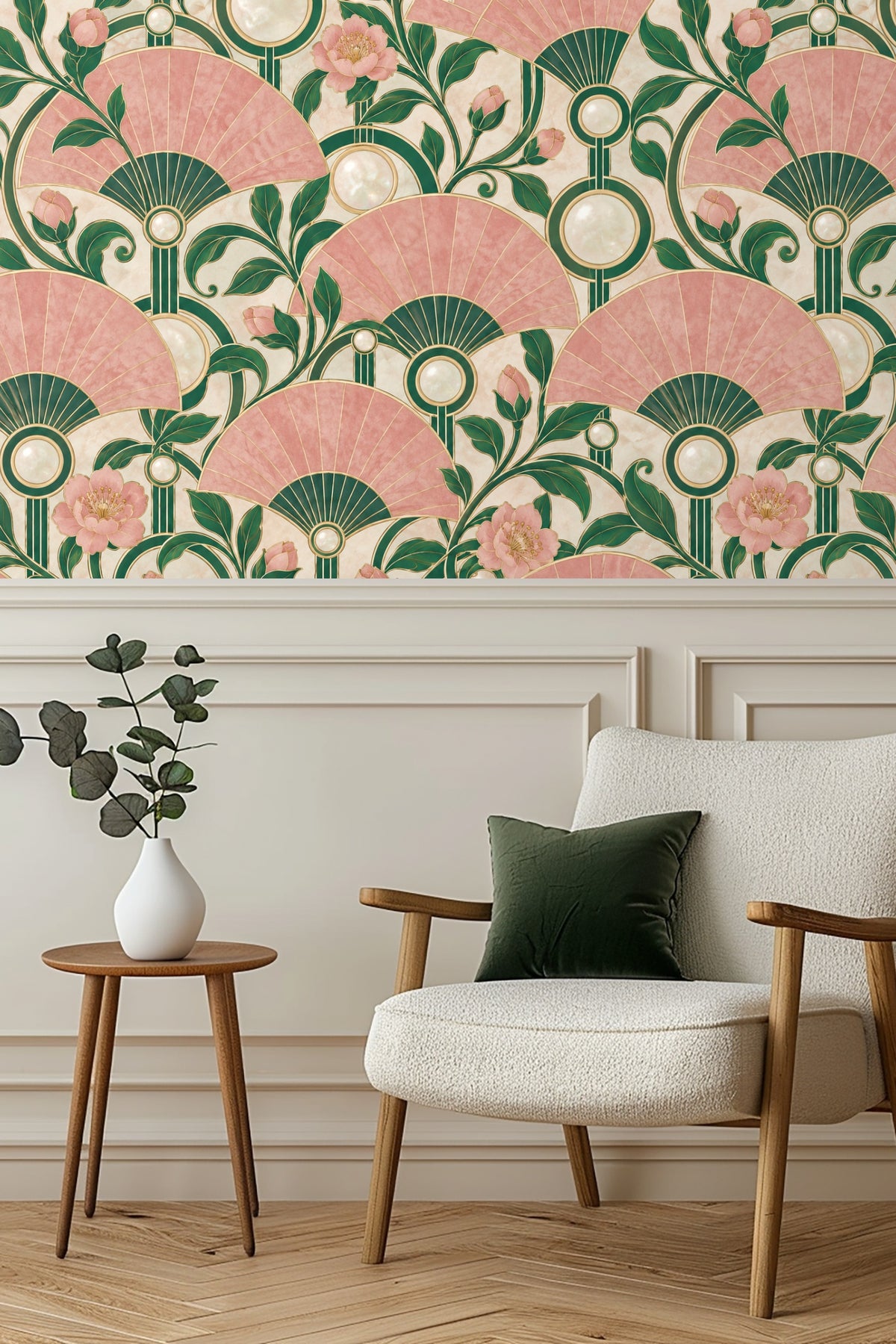 Rose Quartz Fanwall wallpaper shown in an interior setting