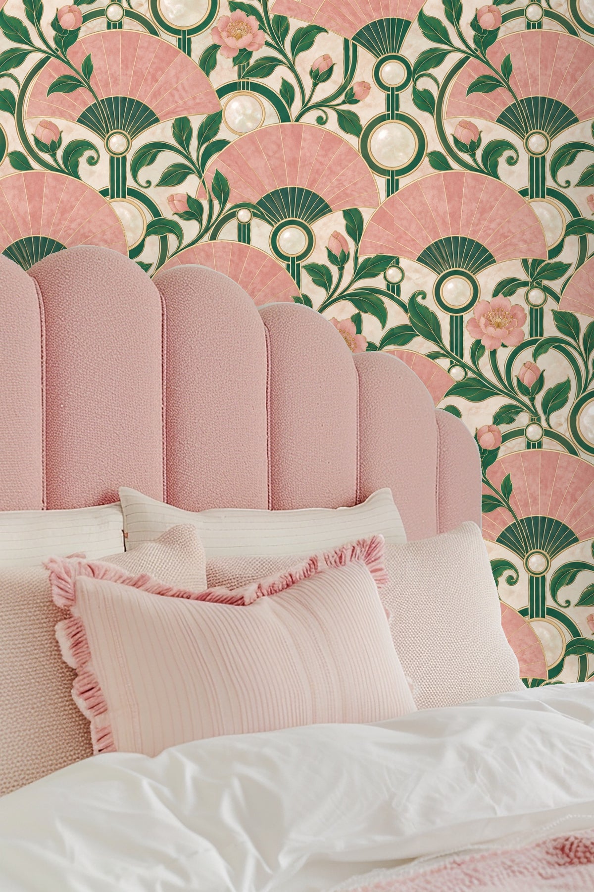 Rose Quartz Fans wallpaper detailed artwork showing pink fan shapes with green accents and peach blossoms on ivory background