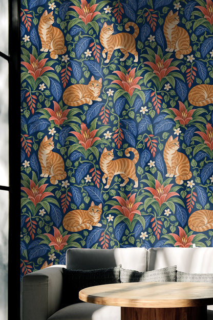 Artistic wallpaper pattern that pairs playful cats with tropical plants