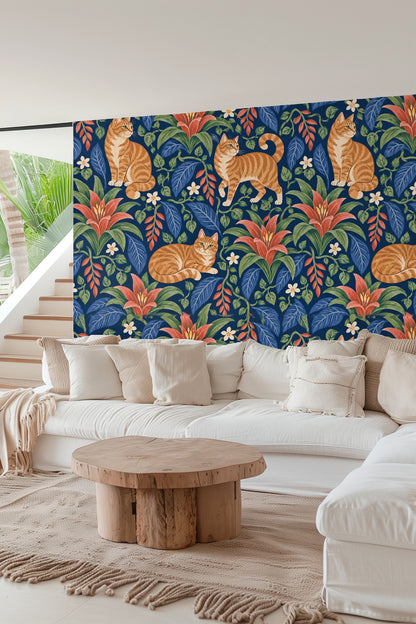 Whimsical wallpaper element featuring a walking tabby cat and red floral foliage