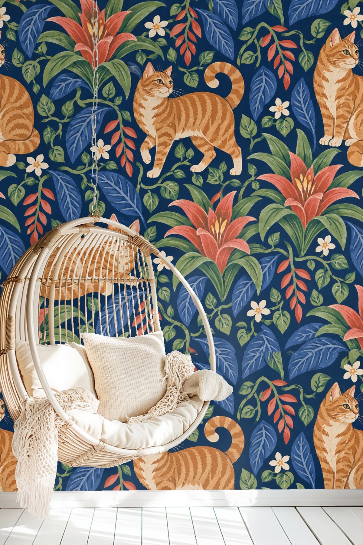 Bedroom with indigo bromeliad cats wallpaper behind modern beige bed and wooden nightstand