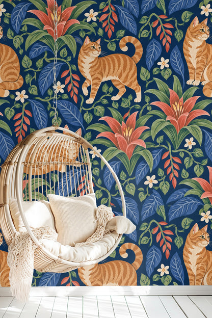 Bedroom with indigo bromeliad cats wallpaper behind modern beige bed and wooden nightstand