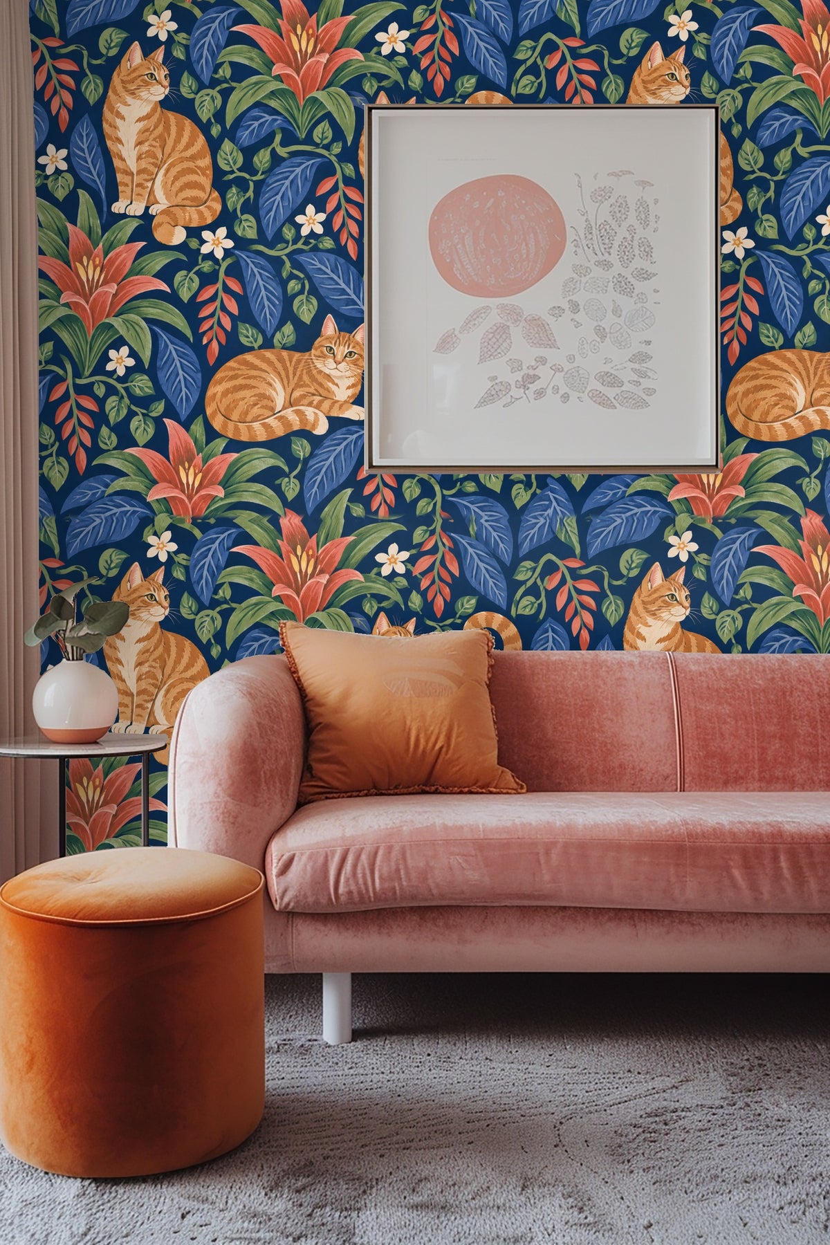 Living room corner with hanging chair and indigo bromeliad cats wallpaper backdrop