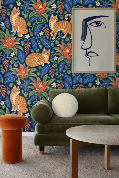 Stylish bedroom wall with textured indigo cat wallpaper contrasting soft bedding