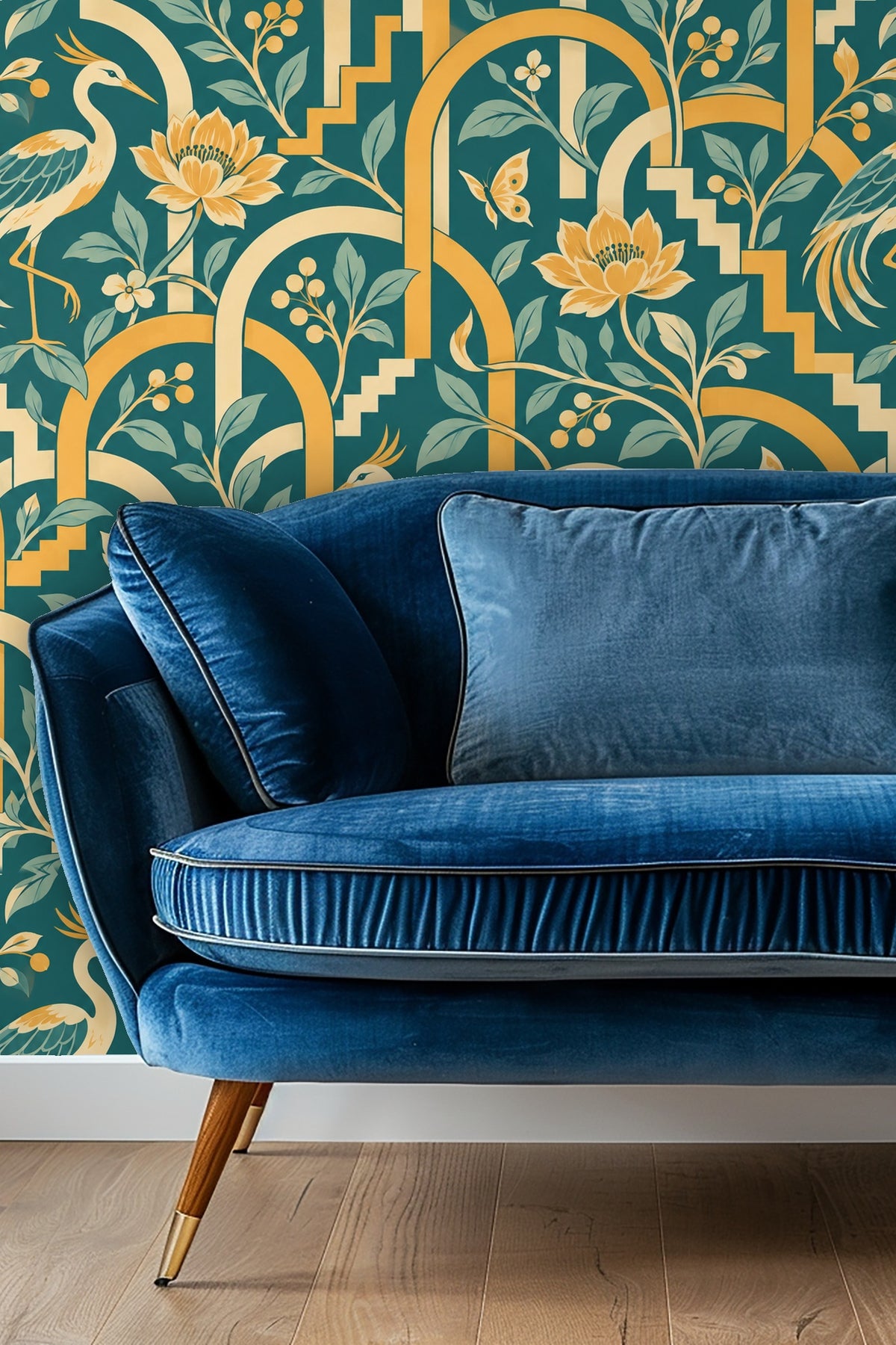 Entryway featuring Turquoise Lockstep wallpaper with golden arches framing a wooden double door.