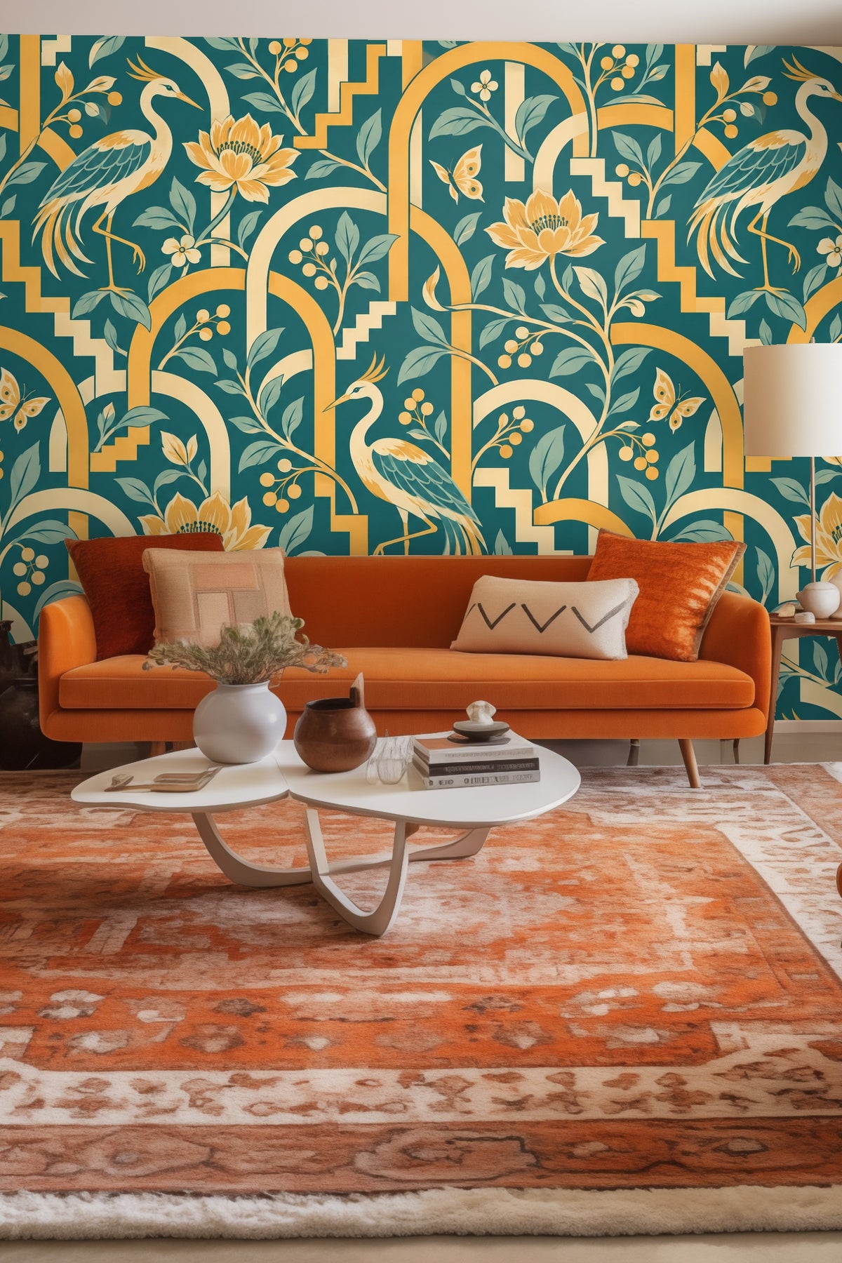 Detailed leaves and berry clusters integrated with geometric golden arches.