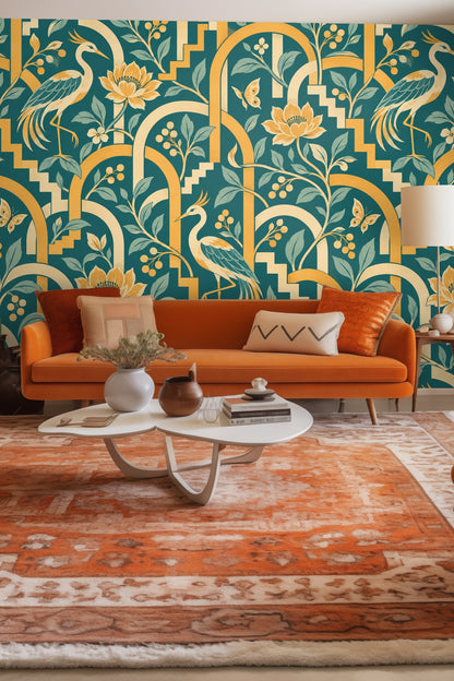 Detailed leaves and berry clusters integrated with geometric golden arches.