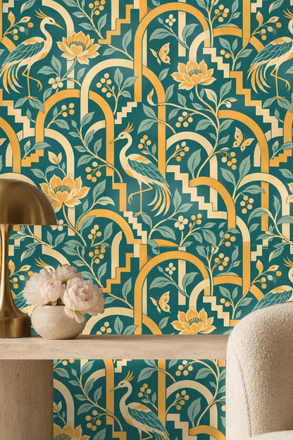Golden and cream arches crossing over the turquoise backdrop creating a layered effect.
