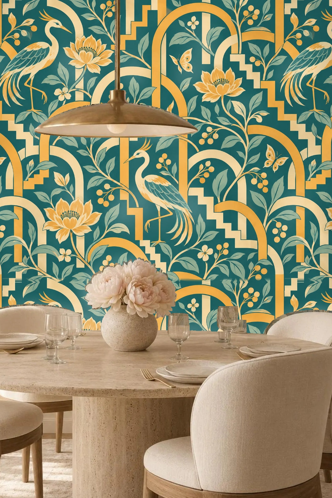 Muted teal and mustard palette with subtle cream highlights.